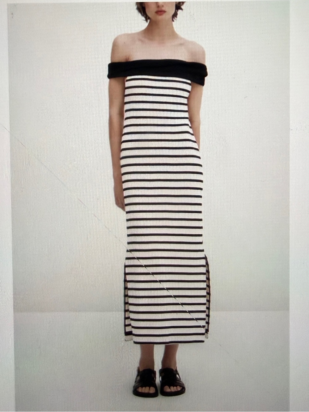 Massimo Dutti Black and White Off-Shoulder Striped Maxi Dress